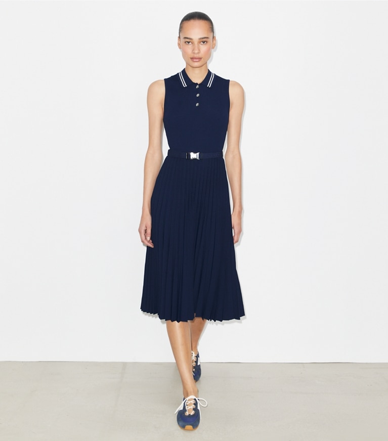 Tory Burch designer dresses Pleated Viscose Dress in Tory Navy front