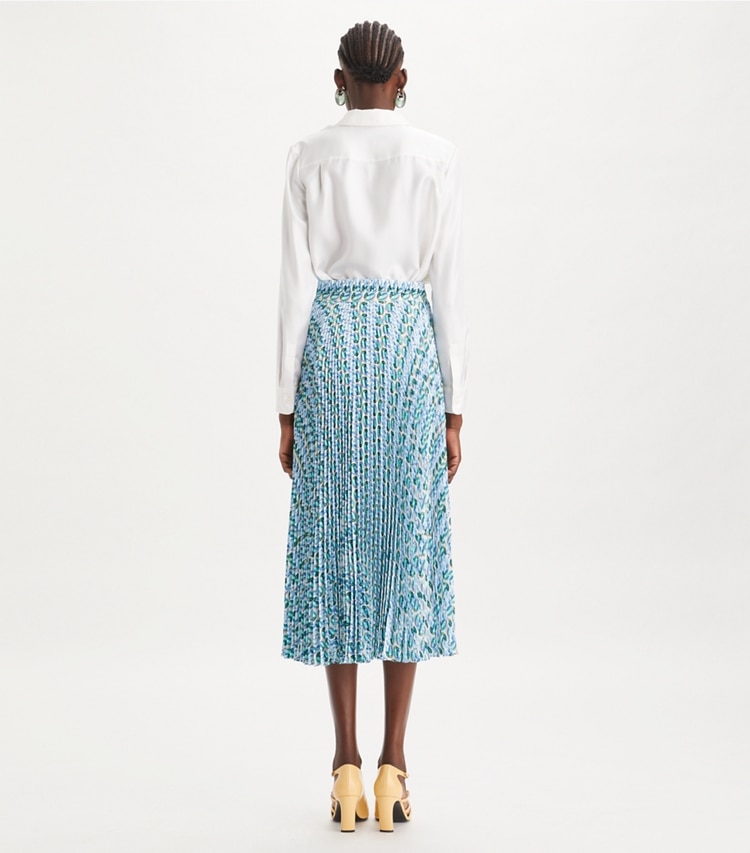 Tory Burch designer bottoms Pleated Viscose Skirt in Blue Glass Swan Allover on model back