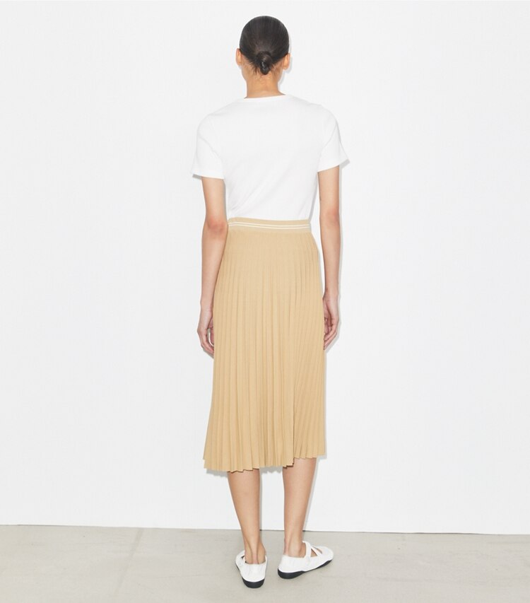 Tory Burch designer bottoms Pleated Viscose Skirt in Beige on model back
