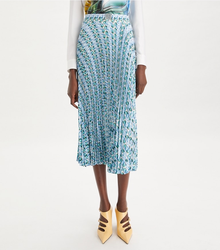 Tory Burch designer bottoms Pleated Viscose Skirt in Blue Glass Swan Allover front
