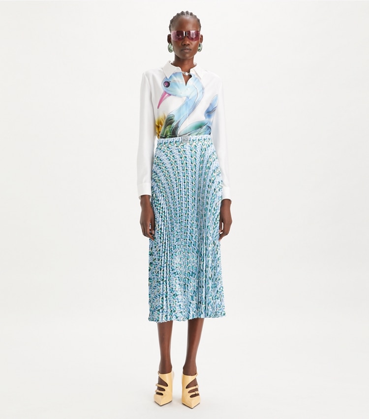 Tory Burch designer bottoms Pleated Viscose Skirt in Blue Glass Swan Allover on model front