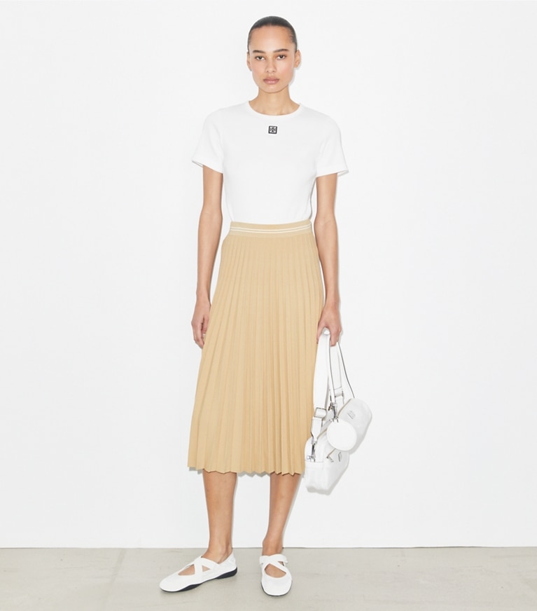 Tory Burch designer bottoms Pleated Viscose Skirt in Beige front