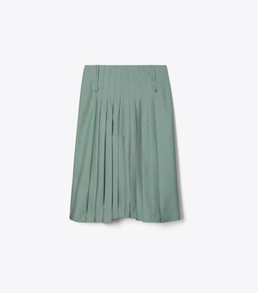 Tory Burch designer bottoms Pleated Wool Skirt in Teal / Red Stripe front