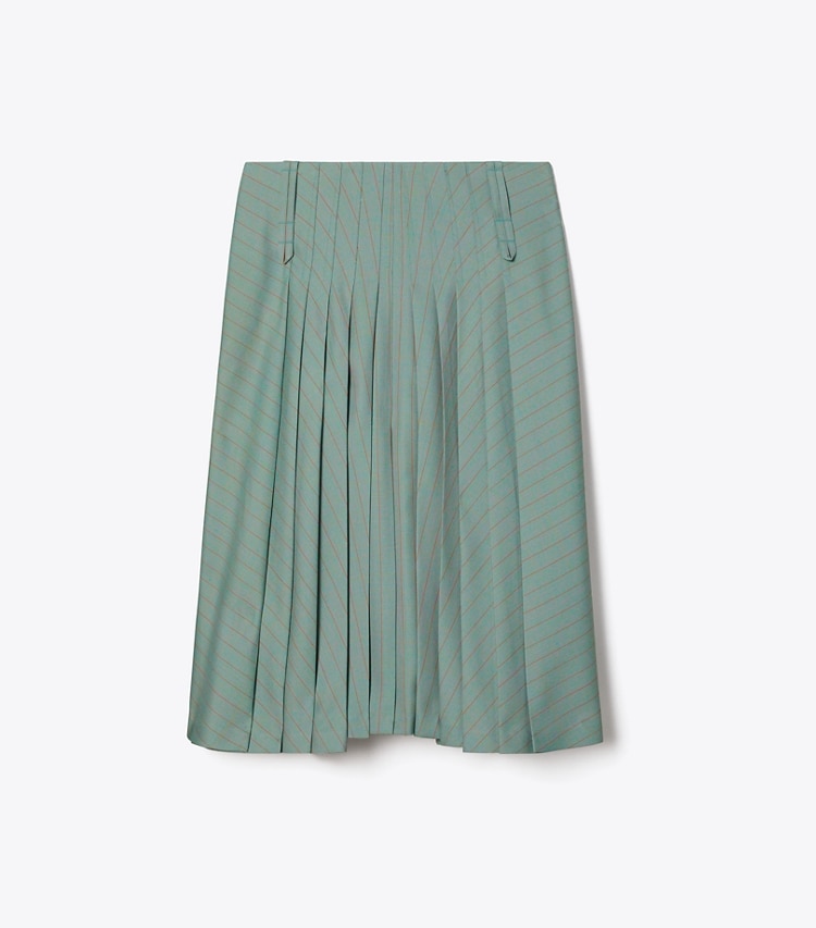 Tory Burch designer bottoms Pleated Wool Skirt in Teal / Red Stripe front