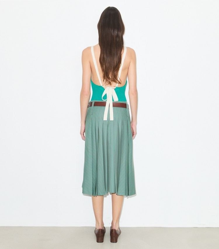 Tory Burch designer bottoms Pleated Wool Skirt in Teal / Red Stripe on model back