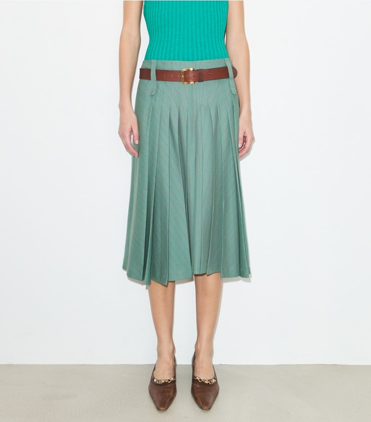Tory Burch designer bottoms Pleated Wool Skirt in Teal / Red Stripe on model detail