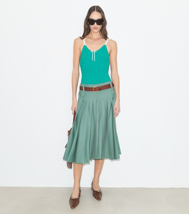 Tory Burch designer bottoms Pleated Wool Skirt in Teal / Red Stripe on model front