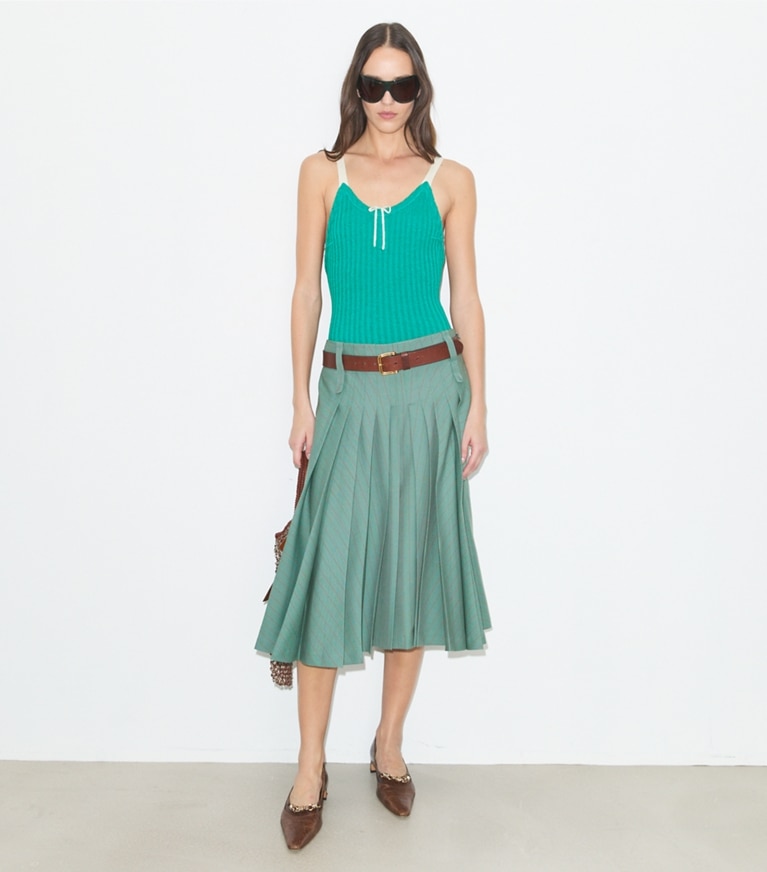 Tory Burch designer bottoms Pleated Wool Skirt in Teal / Red Stripe on model front