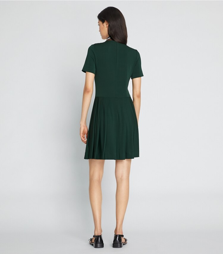 Tory Sport designer dresses Pleated Zip-Front Golf Dress in Conifer on model back