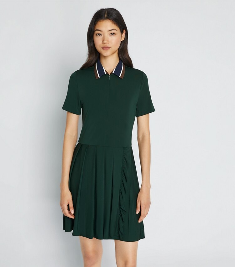 Tory Sport designer dresses Pleated Zip-Front Golf Dress in Conifer on model detail