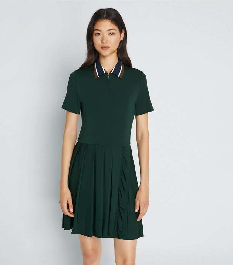 Tory Sport designer dresses Pleated Zip-Front Golf Dress in Conifer front