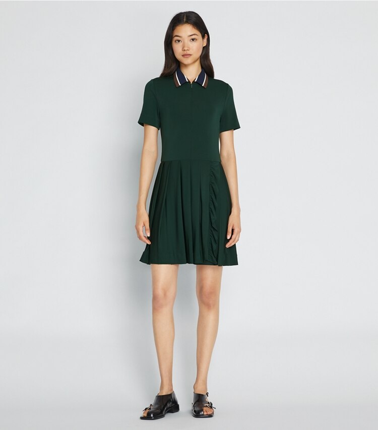 Tory Sport designer dresses Pleated Zip-Front Golf Dress in Conifer on model front