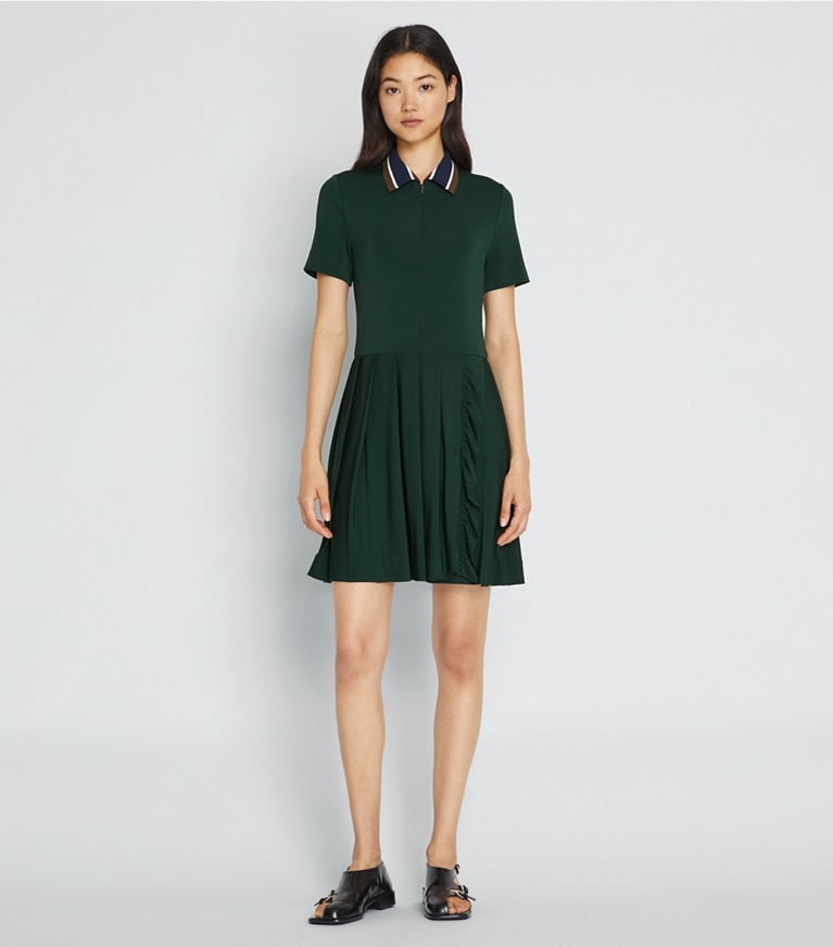 Tory Sport designer dresses Pleated Zip-Front Golf Dress in Conifer front