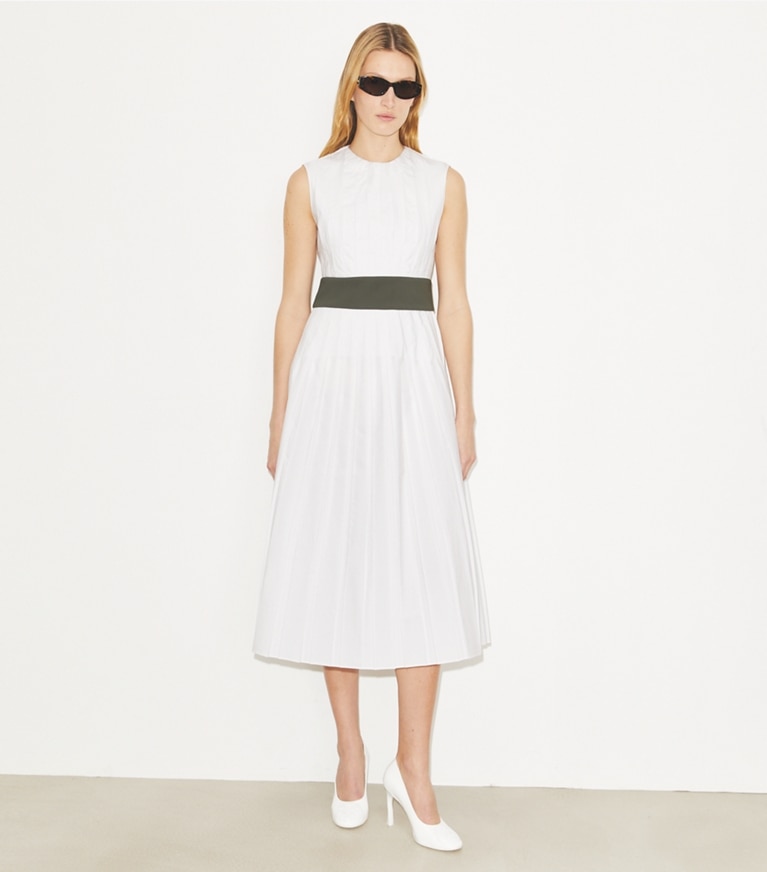 Tory Burch designer kleider Plissee-Popelinekleid in White modell von vorn