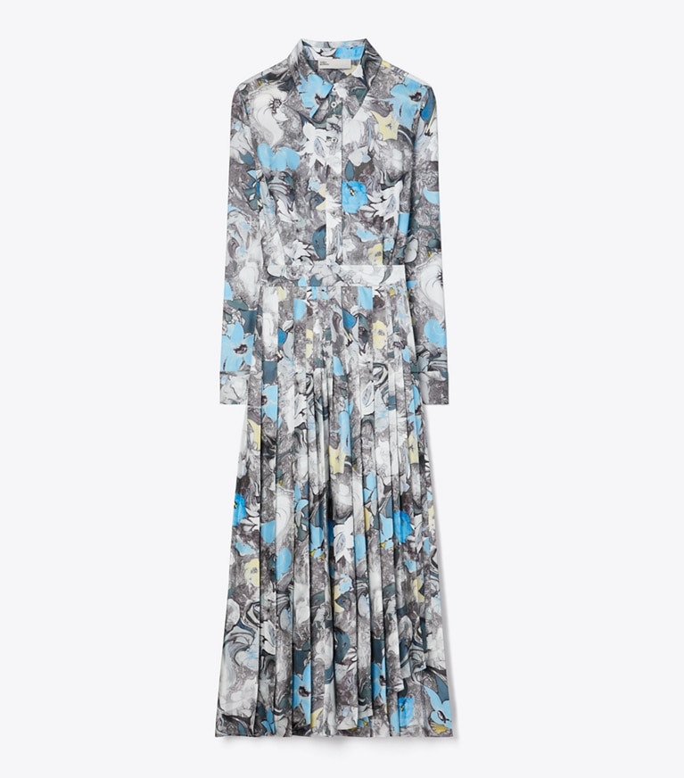 Tory Burch designer kleider Plisseekleid aus bedrucktem Seidentwill in Blue Abstract Floral front