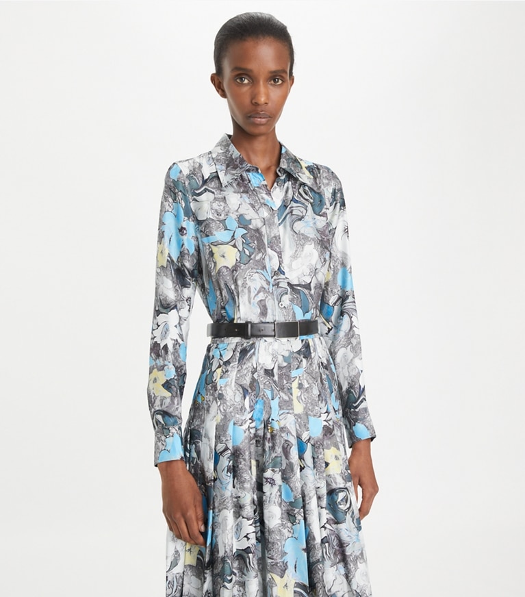 Tory Burch designer kleider Plisseekleid aus bedrucktem Seidentwill in Blue Abstract Floral front