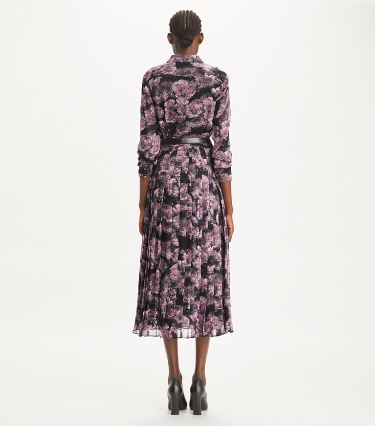 Tory Burch designer kleider Plisseekleid aus bedruckter Seide in Pink Pixel Floral front