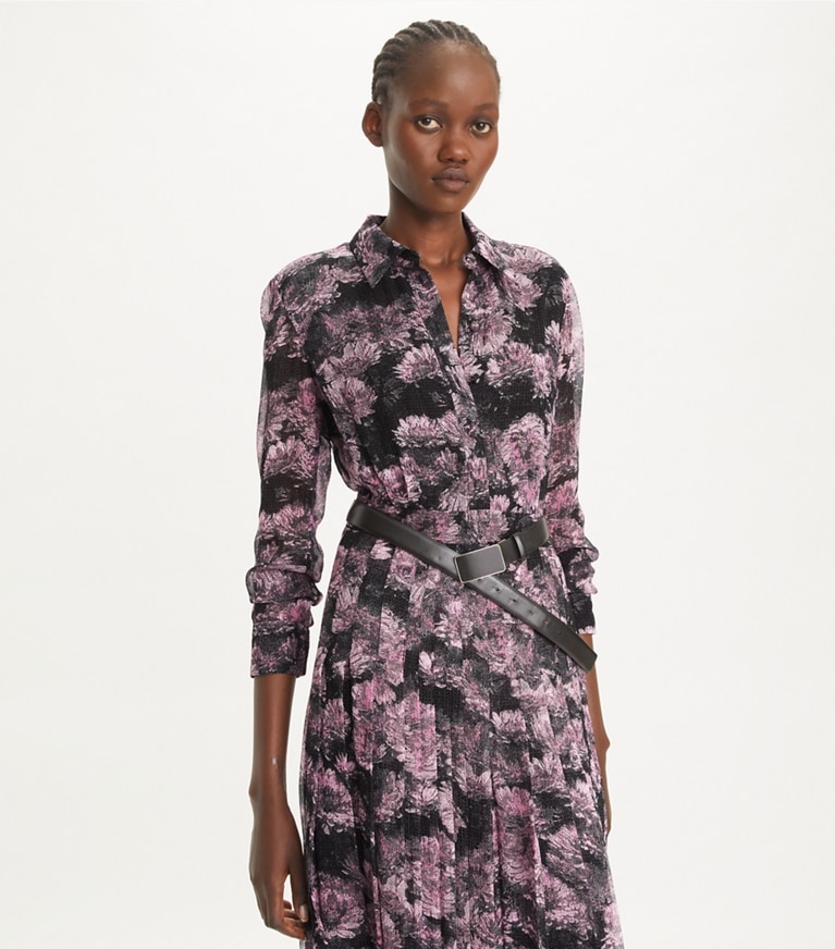Tory Burch designer kleider Plisseekleid aus bedruckter Seide in Pink Pixel Floral front