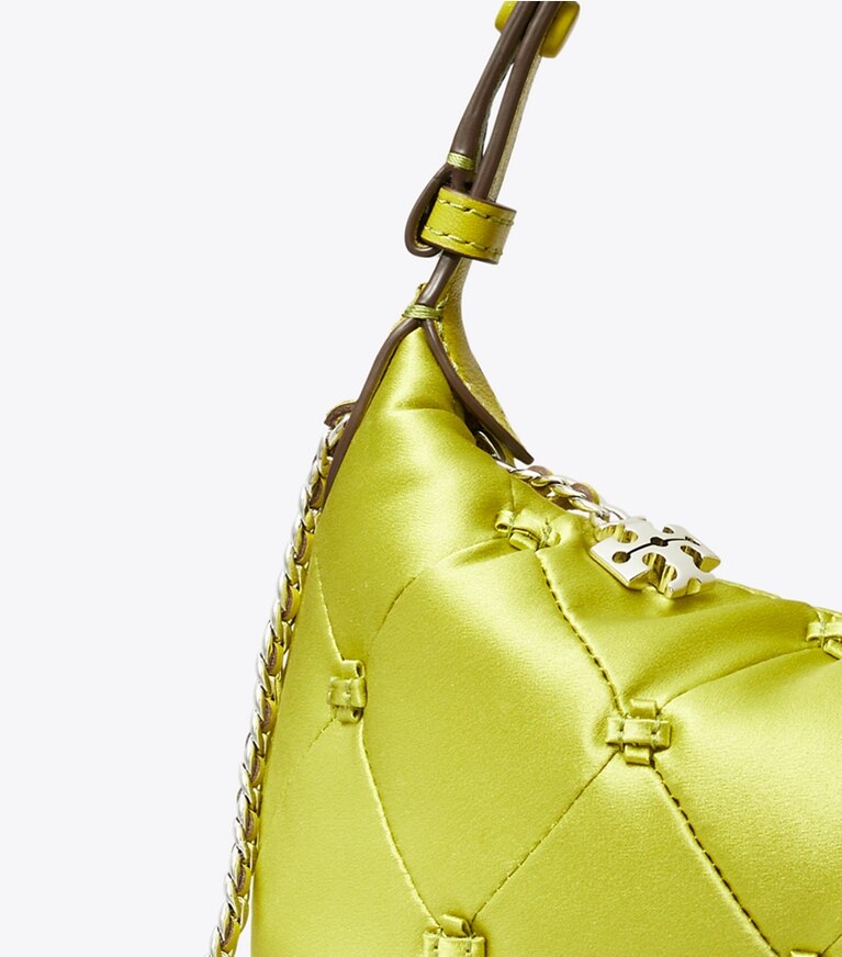 Tory Burch designer sacs à bandoulière Pochette Bunny Knot en satin dans Vibrant Green détails