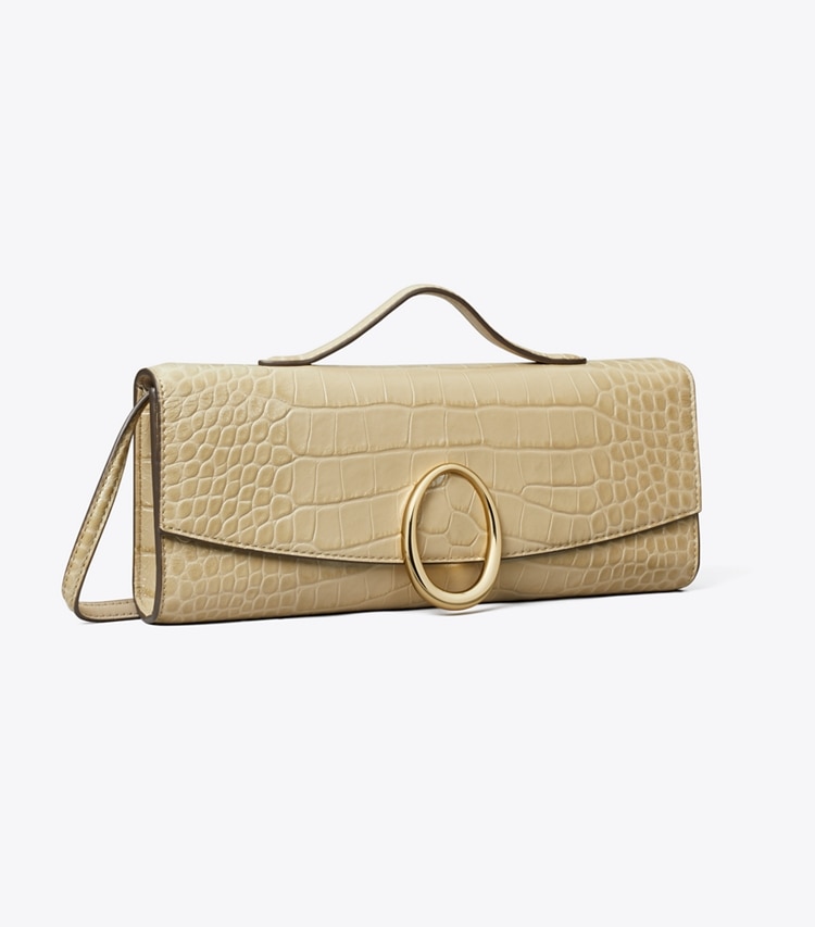 Tory Burch designer pochettes Pochette Pierced en cuir embossé façon crocodile dans Ginger Leaf angle