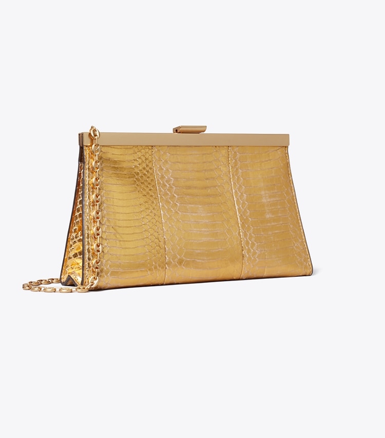 Tory Burch designer pochettes Pochette à armature Gemini Link en cuir de serpent dans Gold angle