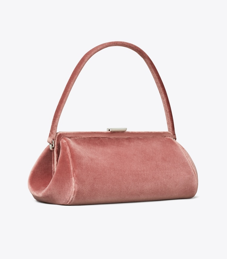 Tory Burch designer pochettes Pochette à armature en velours dans Dusty Pink angle