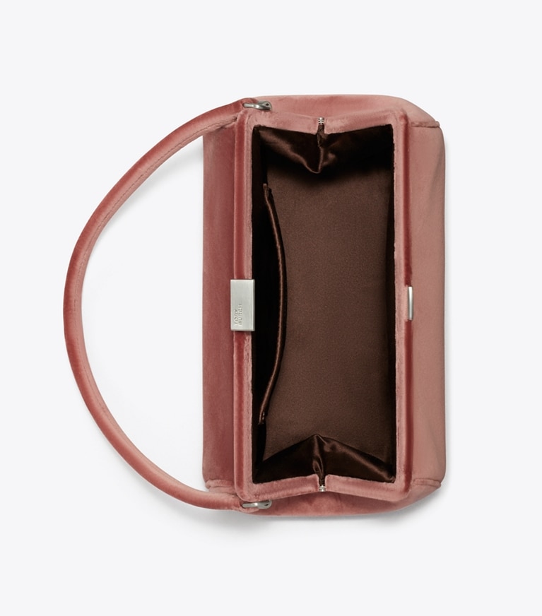 Tory Burch designer pochettes Pochette à armature en velours dans Dusty Pink vue du dessus