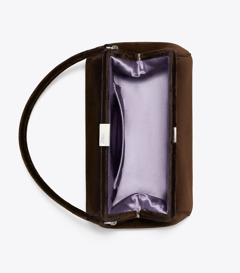 Tory Burch designer pochettes Pochette à armature en velours dans Chestnut vue du dessus