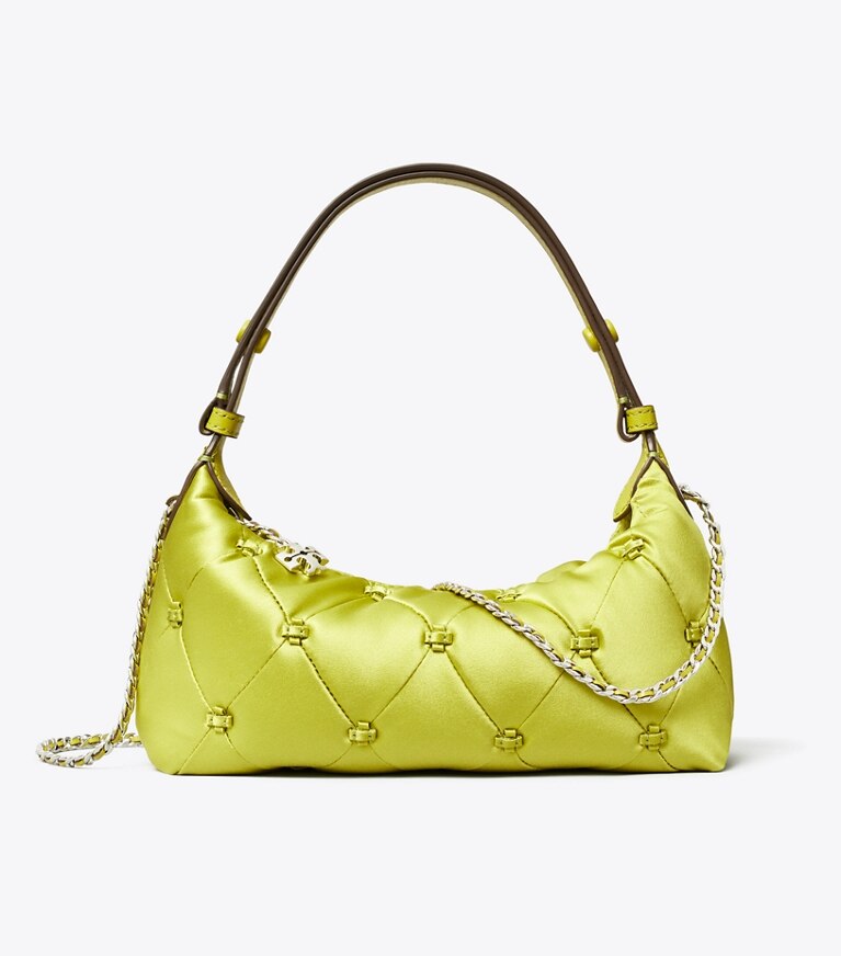 Tory Burch designer borse a spalla Pochette Bunny Knot in raso in Vibrant Green front