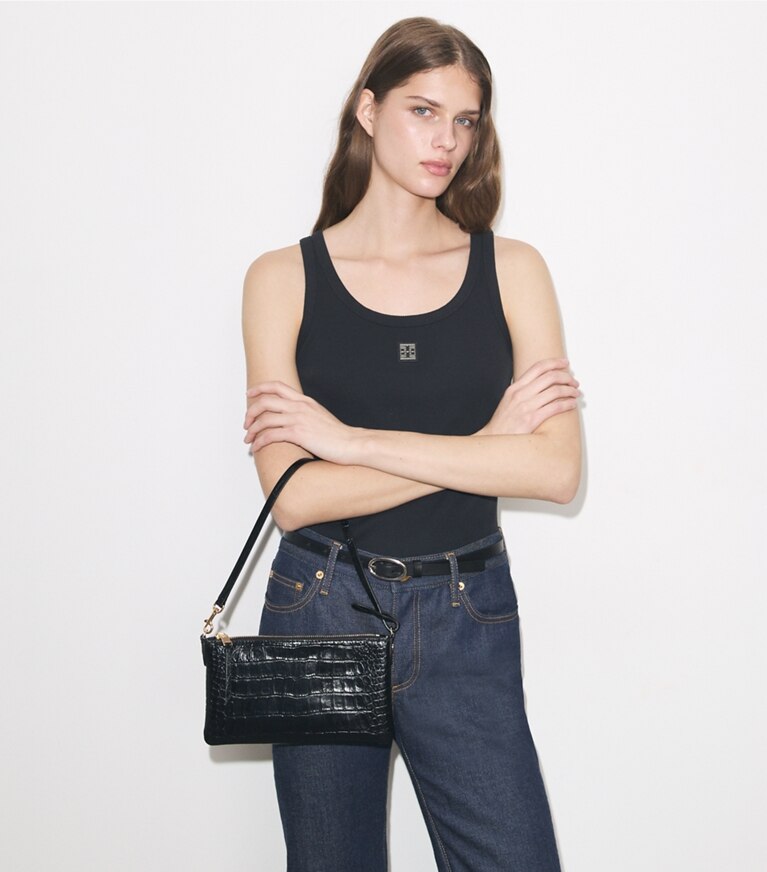 Tory Burch diseñador bolsos de hombro Pochette con grabado en relieve de cocodrilo en Black accesorio en modelo