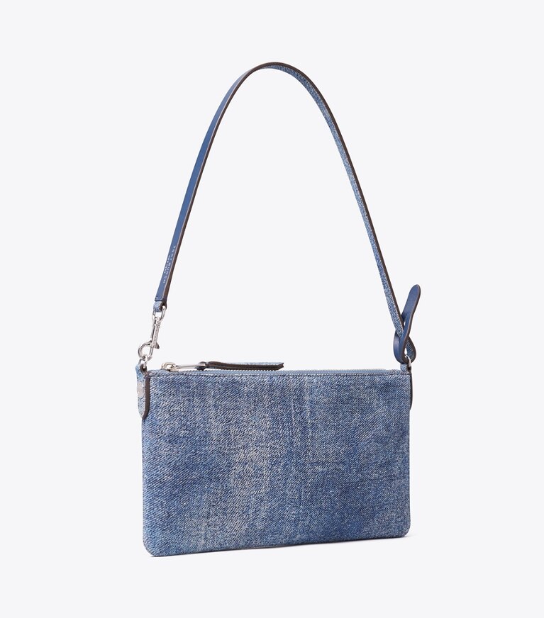 Tory Burch diseñador bolsos de hombro Pochette de denim con estampado de gamuza en Blue Jean ángulo
