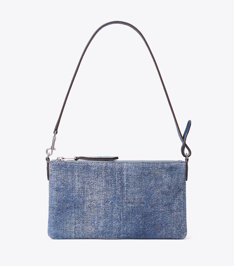 Tory Burch diseñador bolsos de hombro Pochette de denim con estampado de gamuza en Blue Jean frente