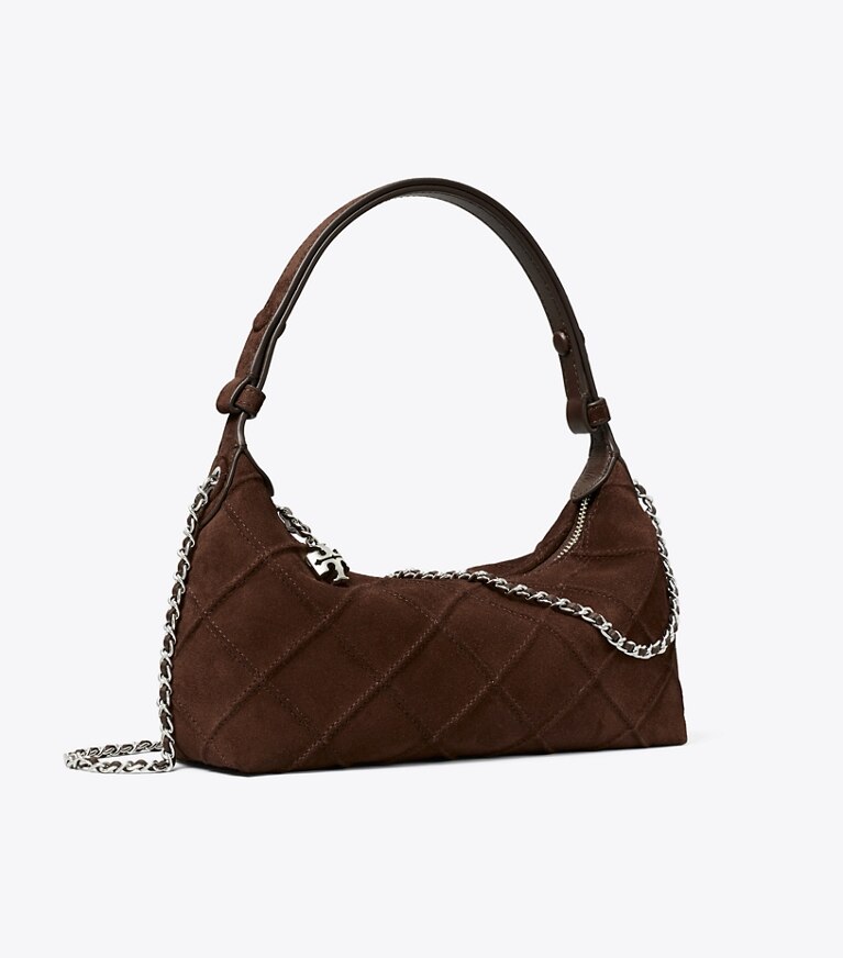 Tory Burch diseñador bolsos bandolera Pochette de gamuza Fleming en Dark Cocoa ángulo
