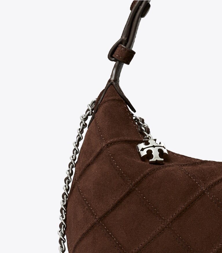 Tory Burch diseñador bolsos bandolera Pochette de gamuza Fleming en Dark Cocoa detalle