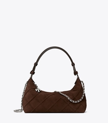 Tory Burch diseñador bolsos bandolera Pochette de gamuza Fleming en Dark Cocoa frente
