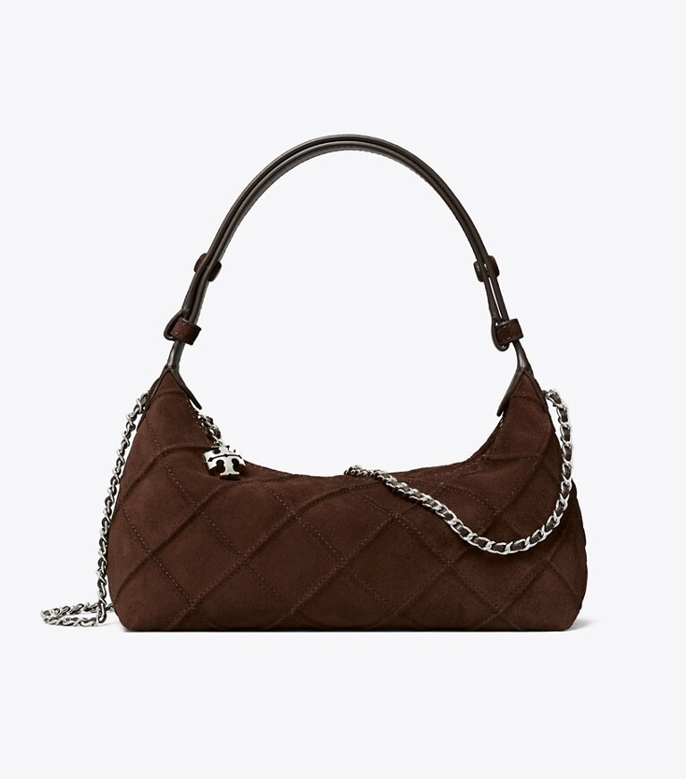 Tory Burch diseñador bolsos bandolera Pochette de gamuza Fleming en Dark Cocoa frente