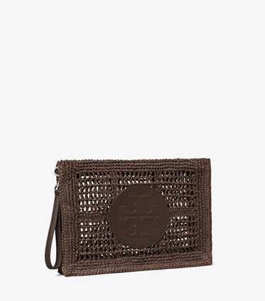 Tory Burch designer portes-monnaie Pochette Ella crochetée à la main in Dark Cocoa angle