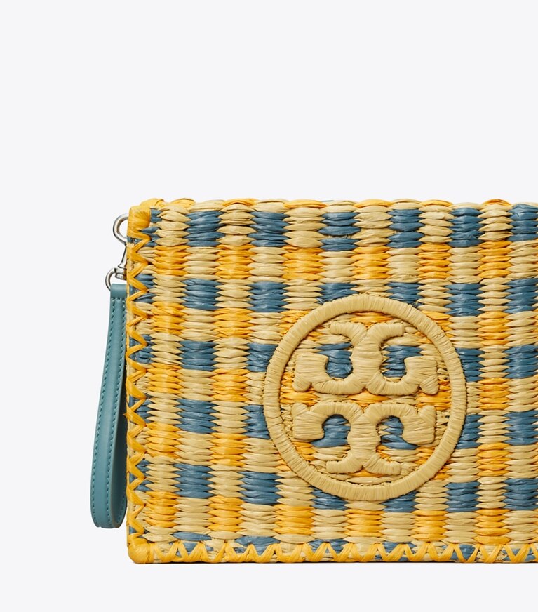 Tory Burch designer portafogli da polso Pochette Ella lavorata all’uncinetto a mano in Deep Turquoise angle