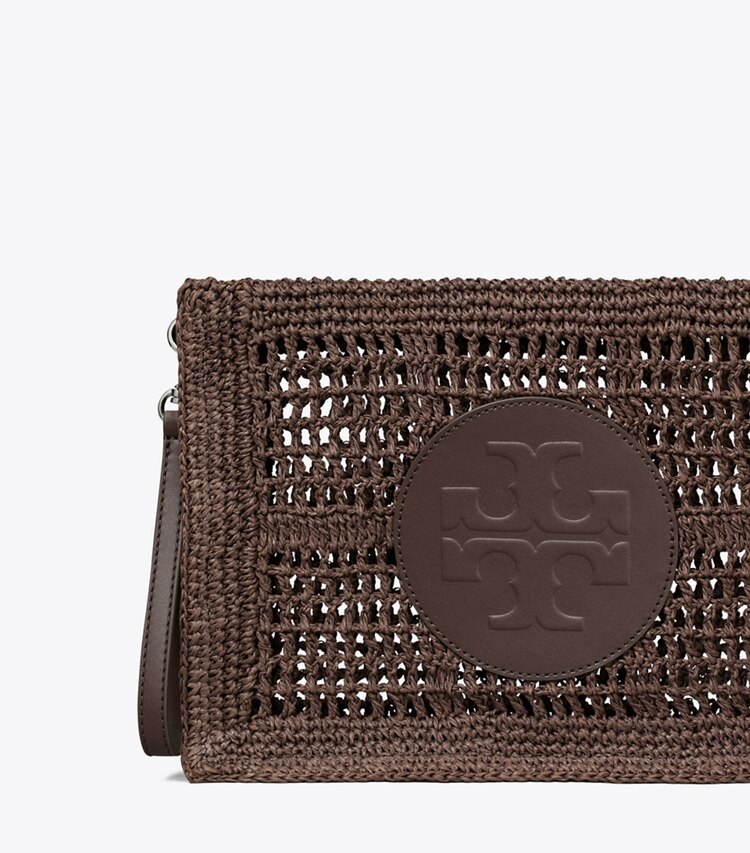 Tory Burch designer portaspicci Pochette Ella lavorata all’uncinetto a mano in Dark Cocoa dettaglio