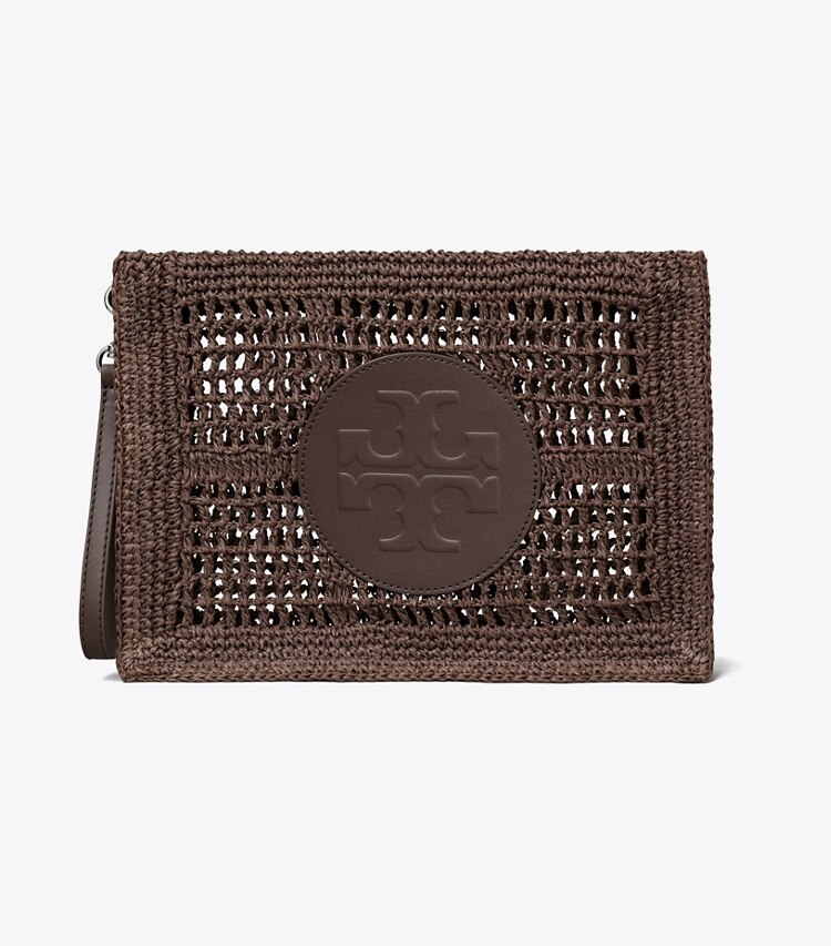 Tory Burch designer portaspicci Pochette Ella lavorata all’uncinetto a mano in Dark Cocoa front