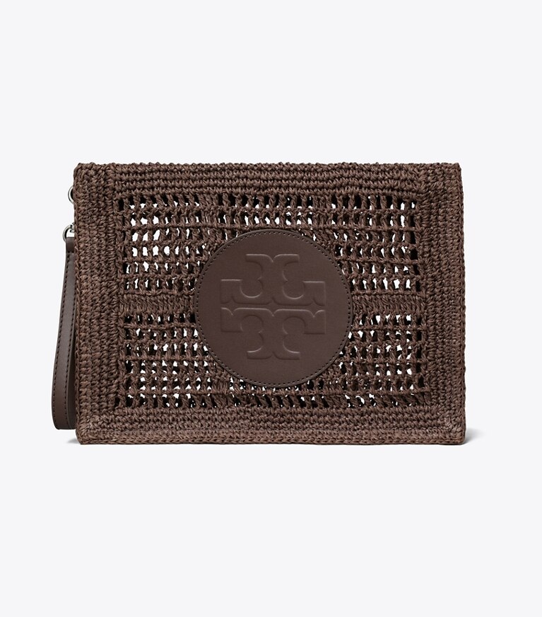 Tory Burch designer portaspicci Pochette Ella lavorata all’uncinetto a mano in Dark Cocoa front