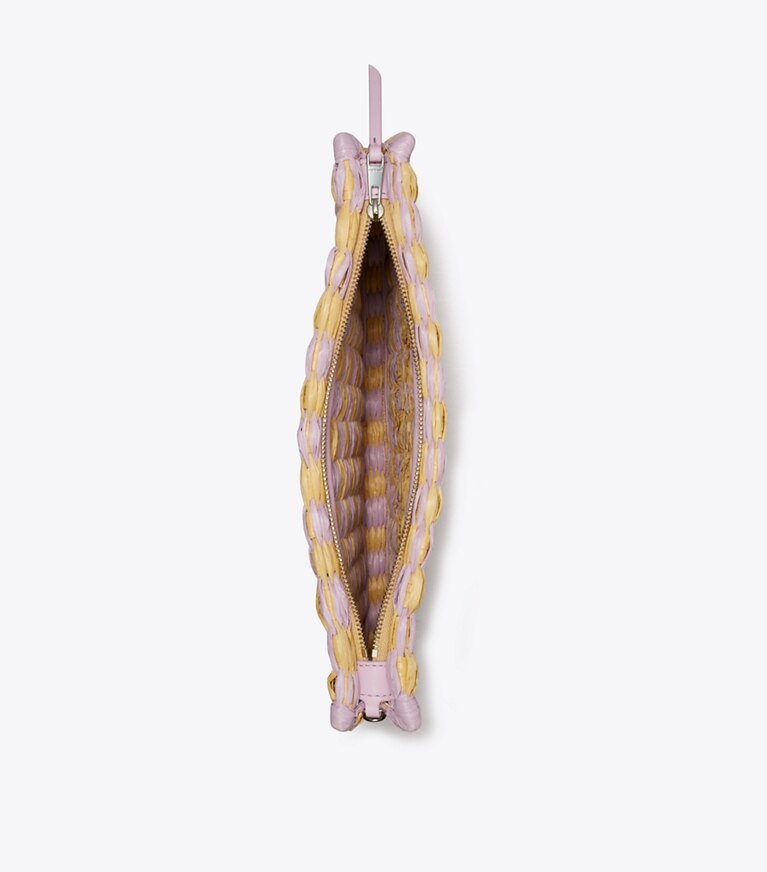 Tory Burch designer portafogli da polso Pochette Ella lavorata all’uncinetto a mano in Pale Purple angle