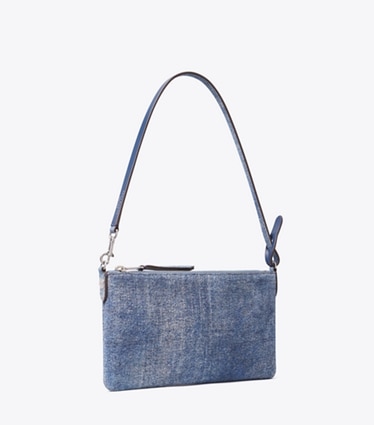 Tory Burch designer sacs porté épaule Pochette en denim à imprimé suède dans Blue Jean angle