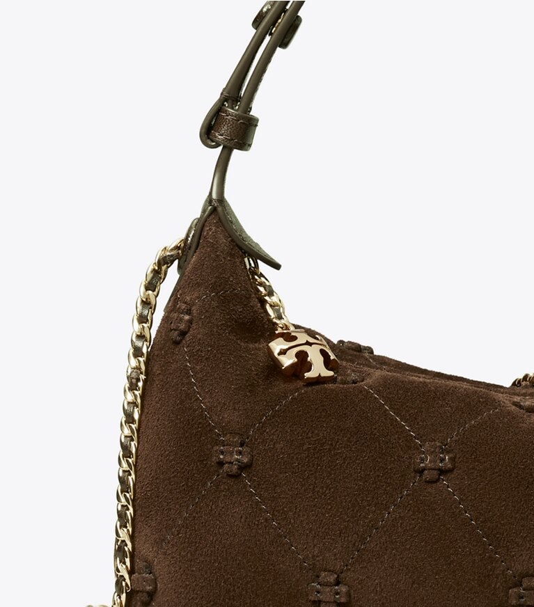 Tory Burch designer sacs à bandoulière Pochette en suède Bunny Knot dans Dark Cocoa détails