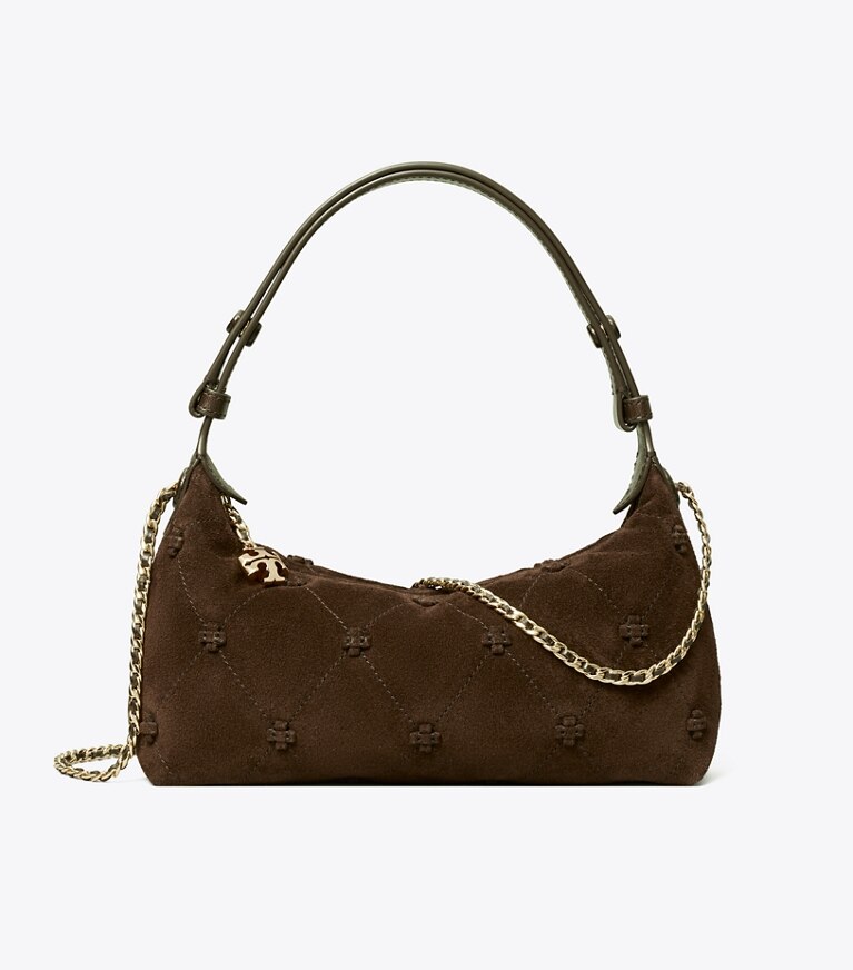 Tory Burch designer sacs à bandoulière Pochette en suède Bunny Knot dans Dark Cocoa de face