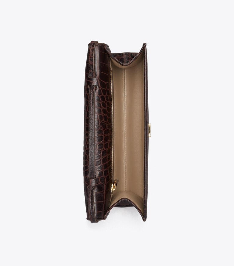 Tory Burch designer pochettes Pochette enveloppe Charlie à effet croco dans Dark Brown vue du dessus