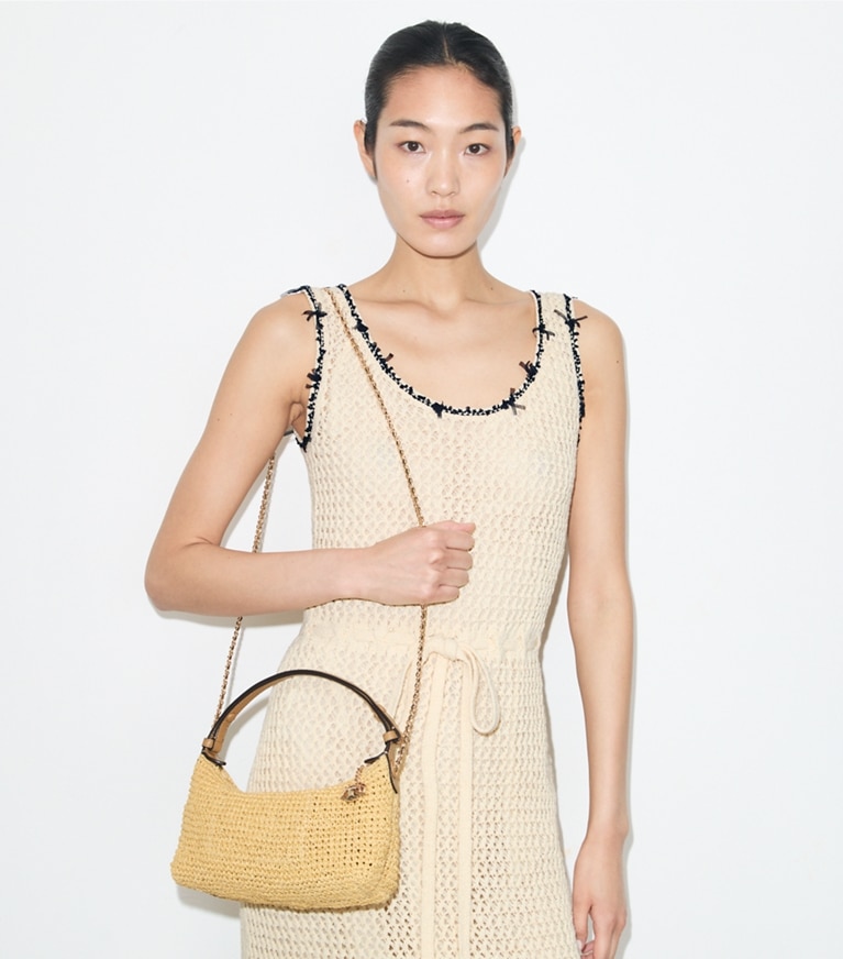 Tory Burch diseñador bolsos bandolera Pochette Fleming de croché en Natural accesorio en modelo