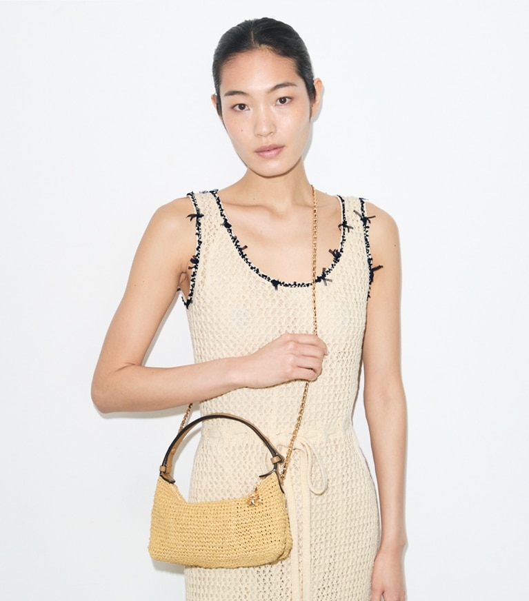 Tory Burch diseñador bolsos bandolera Pochette Fleming de croché en Natural adicional en modelo