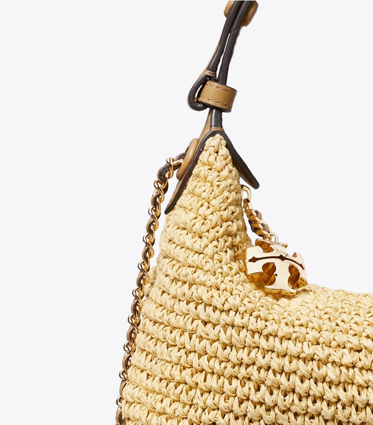 Tory Burch diseñador bolsos bandolera Pochette Fleming de croché en Natural detalle