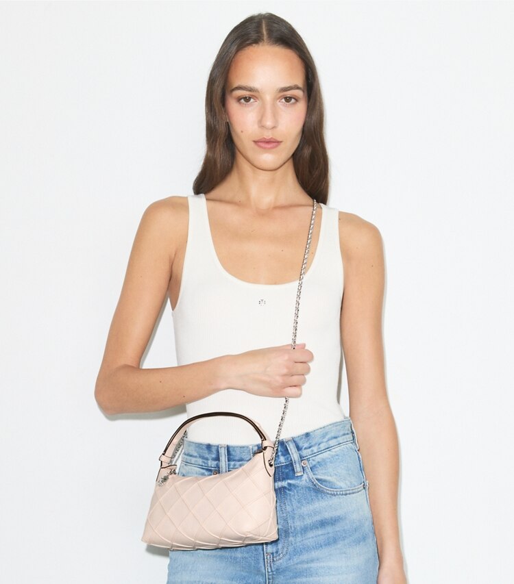 Tory Burch diseñador bolsos bandolera Pochette Fleming desgastada en Soft Pink accesorio en modelo